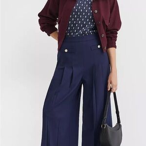 LOFT Navy Wide-Leg Pleated Trousers with Button Trim